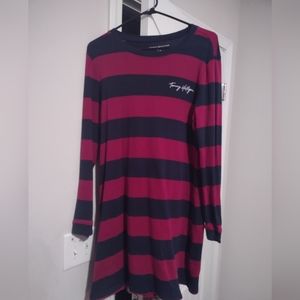Women's Tommy Hilfiger Red and Navy Blue Striped Long Sleeve T Shirt Dress